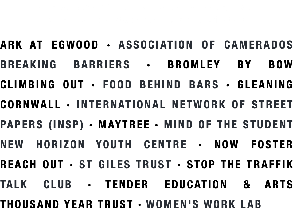 explore some of the charities we have supported  to better understand our focus and priorities ARK AT EGWOOD · ASSOCIATION OF CAMERADOS BREAKING BARRIERS · BROMLEY BY BOW CLIMBING OUT · FOOD BEHIND BARS · GLEANING CORNWALL · INTERNATIONAL NETWORK OF STREET PAPERS (INSP) · MAYTREE · MIND OF THE STUDENT NEW HORIZON YOUTH CENTRE · NOW FOSTER REACH OUT · ST GILES TRUST · STOP THE TRAFFIK  TALK CLUB · TENDER EDUCATION & ARTS THOUSAND YEAR TRUST · WOMEN'S WORK LAB