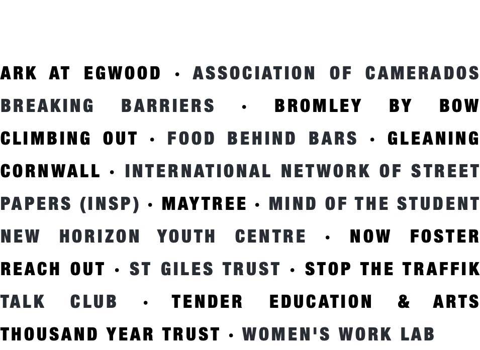 explore some of the charities we have supported  to better understand our focus and priorities ARK AT EGWOOD · ASSOCIATION OF CAMERADOS BREAKING BARRIERS · BROMLEY BY BOW CLIMBING OUT · FOOD BEHIND BARS · GLEANING CORNWALL · INTERNATIONAL NETWORK OF STREET PAPERS (INSP) · MAYTREE · MIND OF THE STUDENT NEW HORIZON YOUTH CENTRE · NOW FOSTER REACH OUT · ST GILES TRUST · STOP THE TRAFFIK  TALK CLUB · TENDER EDUCATION & ARTS THOUSAND YEAR TRUST · WOMEN'S WORK LAB